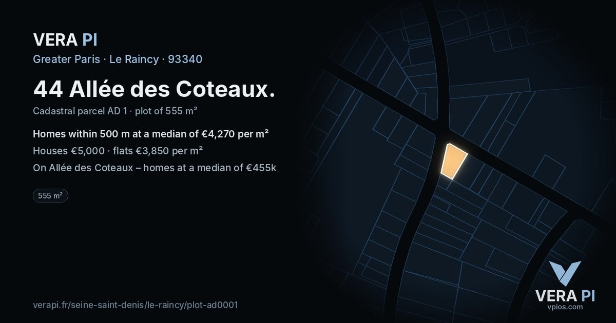 44 Allée des Coteaux, Le Raincy at night – the plot lit, the parcels around coloured by the prices near them