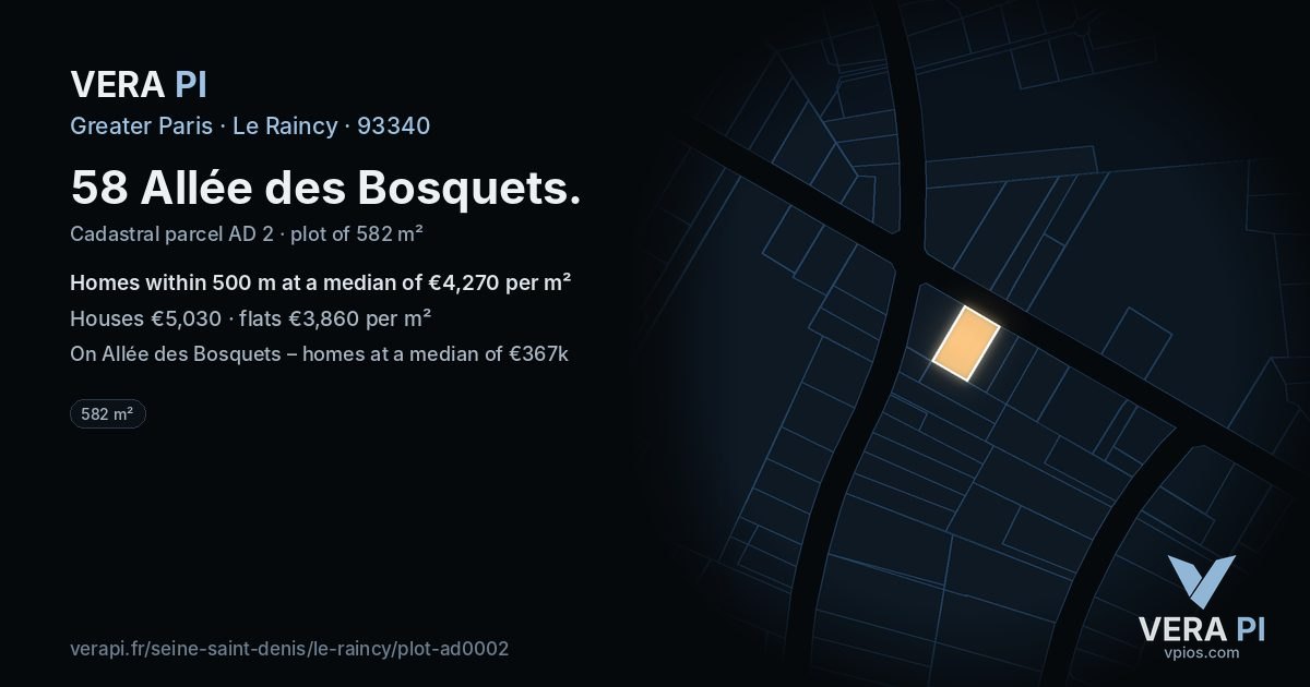 58 Allée des Bosquets, Le Raincy at night – the plot lit, the parcels around coloured by the prices near them
