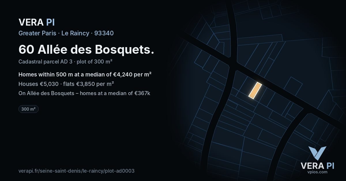 60 Allée des Bosquets, Le Raincy at night – the plot lit, the parcels around coloured by the prices near them