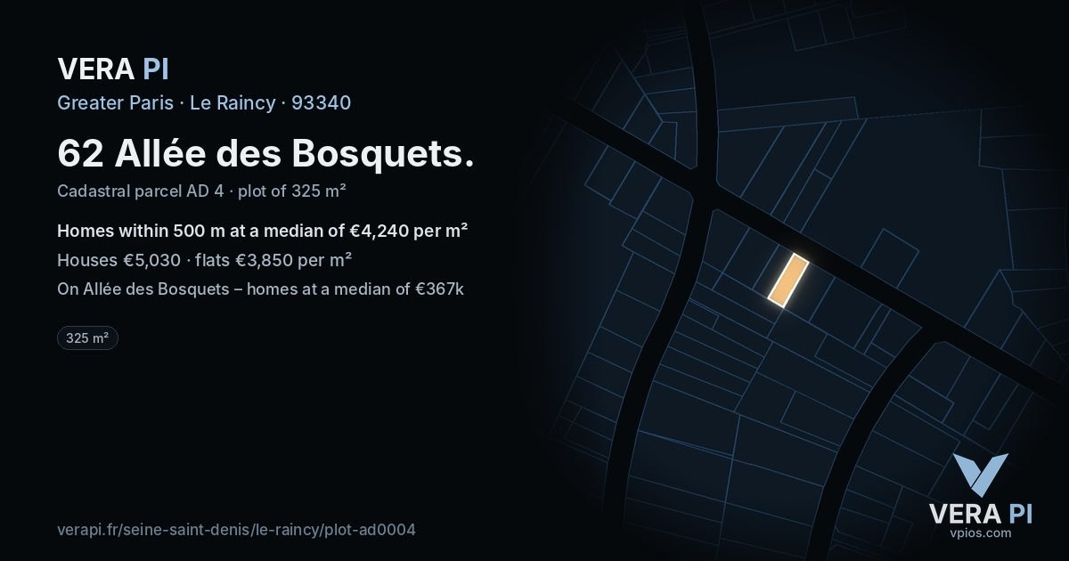 62 Allée des Bosquets, Le Raincy at night – the plot lit, the parcels around coloured by the prices near them