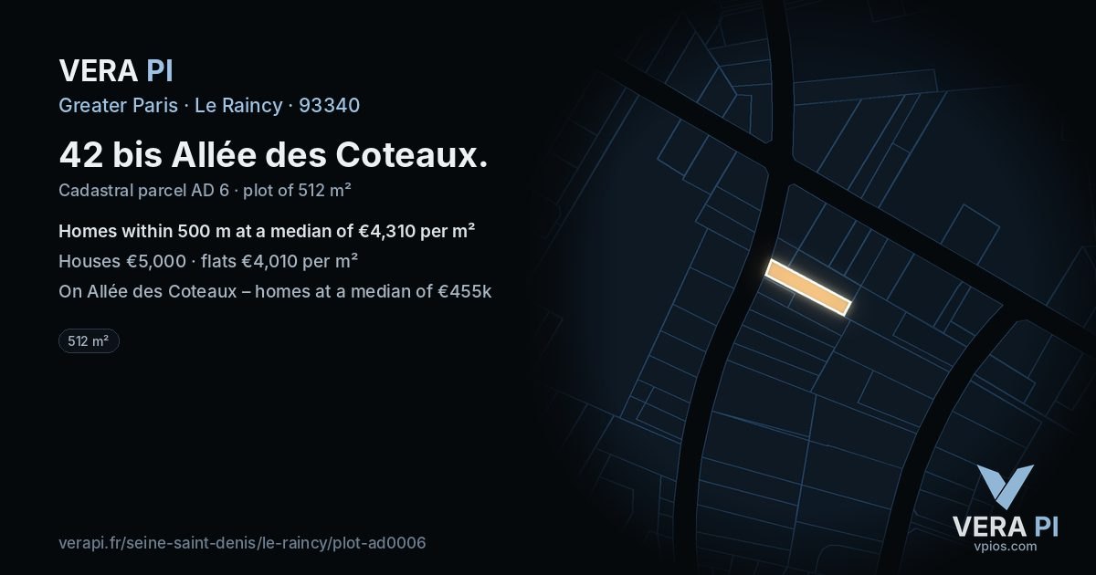 42 bis Allée des Coteaux, Le Raincy at night – the plot lit, the parcels around coloured by the prices near them