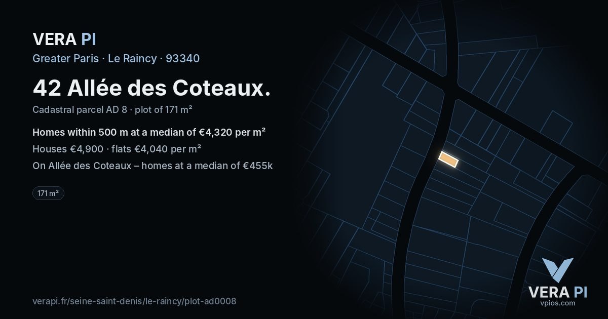 42 Allée des Coteaux, Le Raincy at night – the plot lit, the parcels around coloured by the prices near them