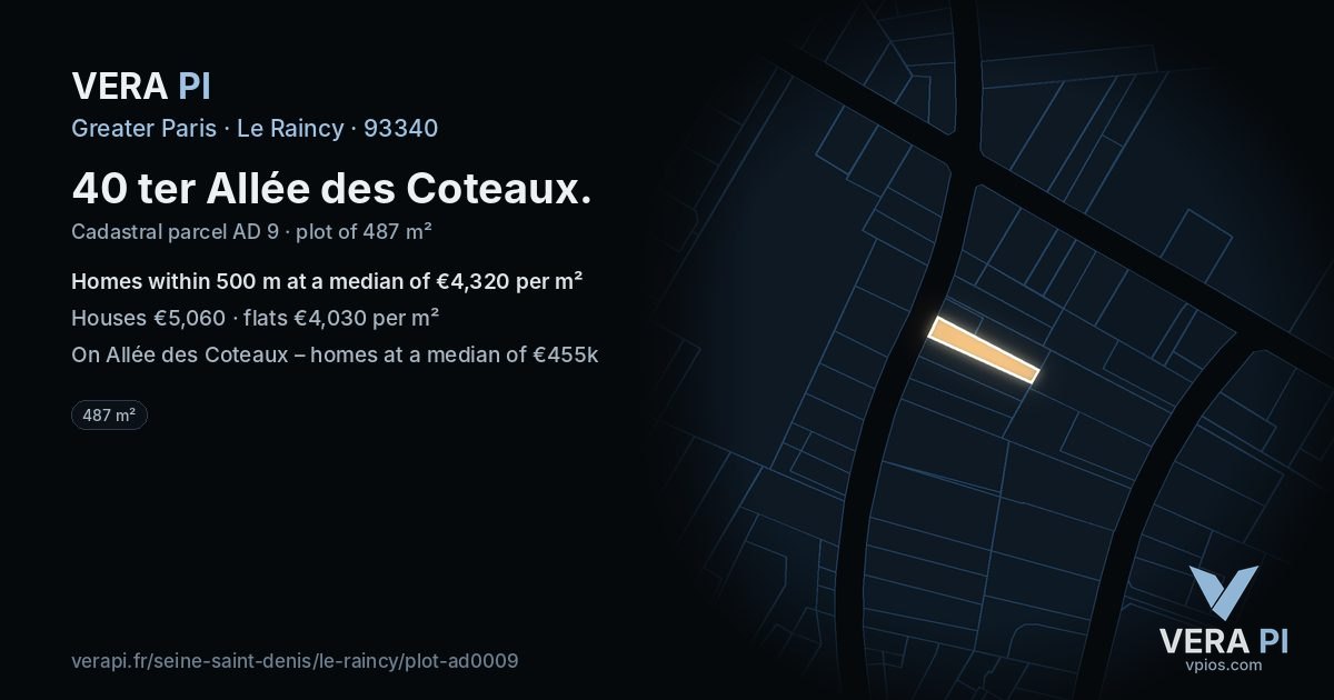 40 ter Allée des Coteaux, Le Raincy at night – the plot lit, the parcels around coloured by the prices near them