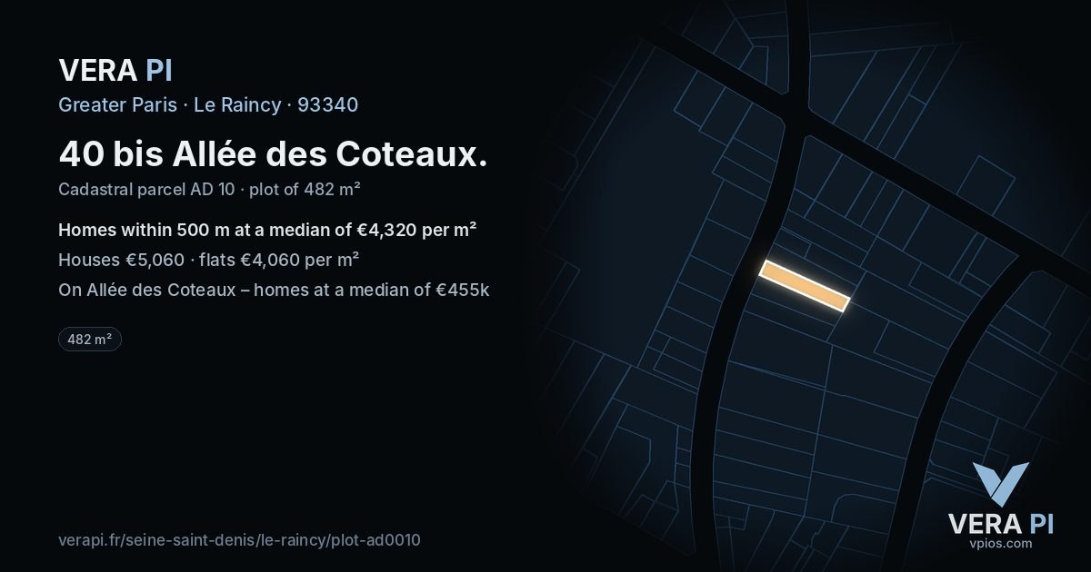 40 bis Allée des Coteaux, Le Raincy at night – the plot lit, the parcels around coloured by the prices near them
