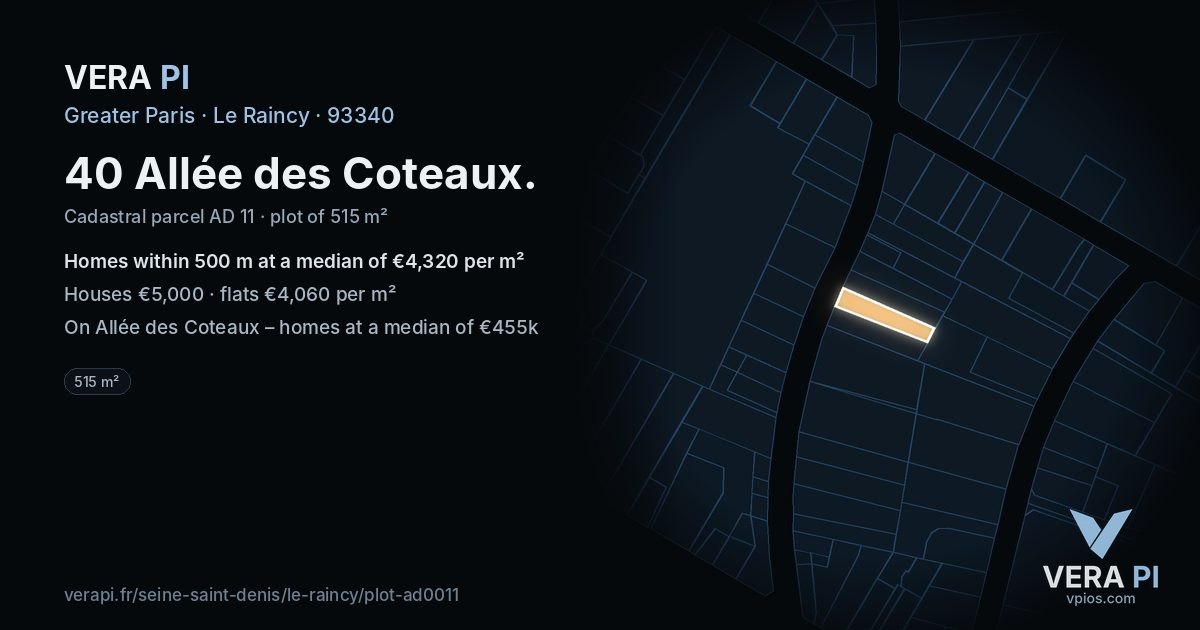 40 Allée des Coteaux, Le Raincy at night – the plot lit, the parcels around coloured by the prices near them