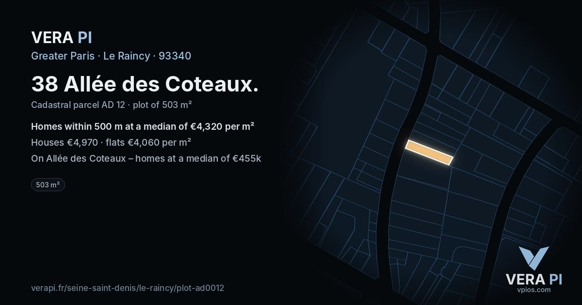 38 Allée des Coteaux, Le Raincy at night – the plot lit, the parcels around coloured by the prices near them