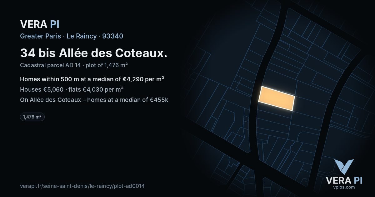 34 bis Allée des Coteaux, Le Raincy at night – the plot lit, the parcels around coloured by the prices near them
