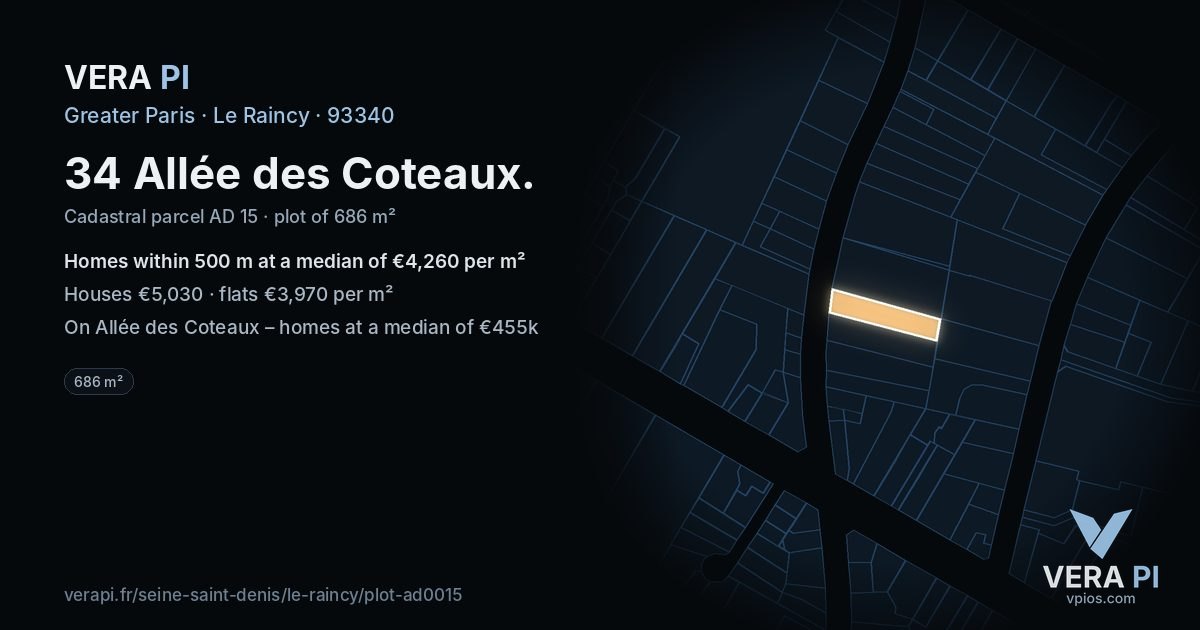 34 Allée des Coteaux, Le Raincy at night – the plot lit, the parcels around coloured by the prices near them