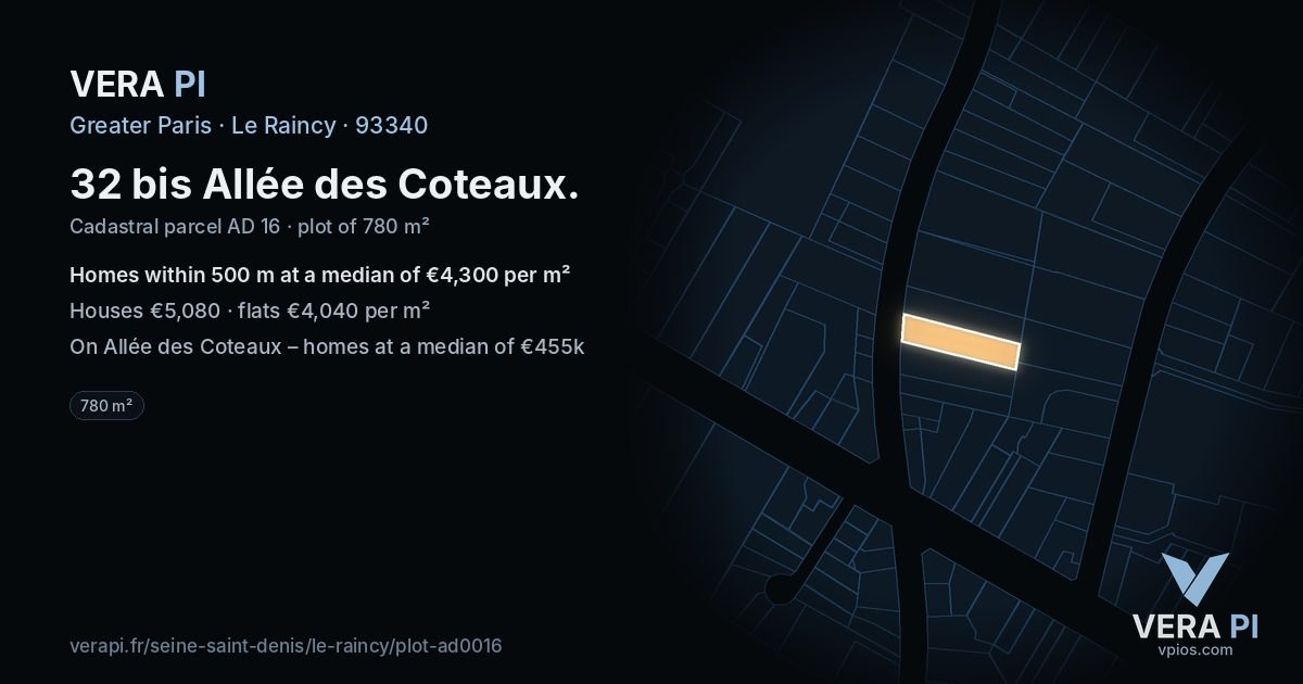 32 bis Allée des Coteaux, Le Raincy at night – the plot lit, the parcels around coloured by the prices near them