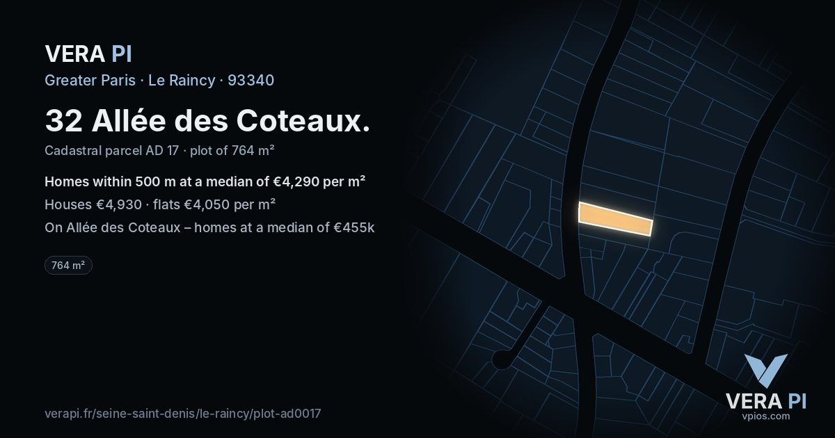 32 Allée des Coteaux, Le Raincy at night – the plot lit, the parcels around coloured by the prices near them