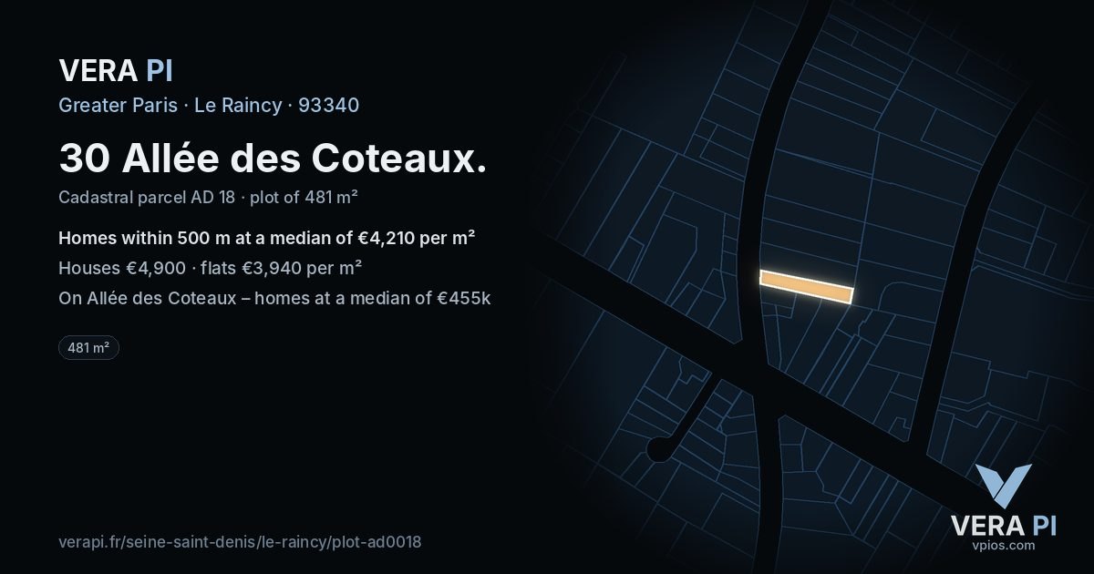 30 Allée des Coteaux, Le Raincy at night – the plot lit, the parcels around coloured by the prices near them