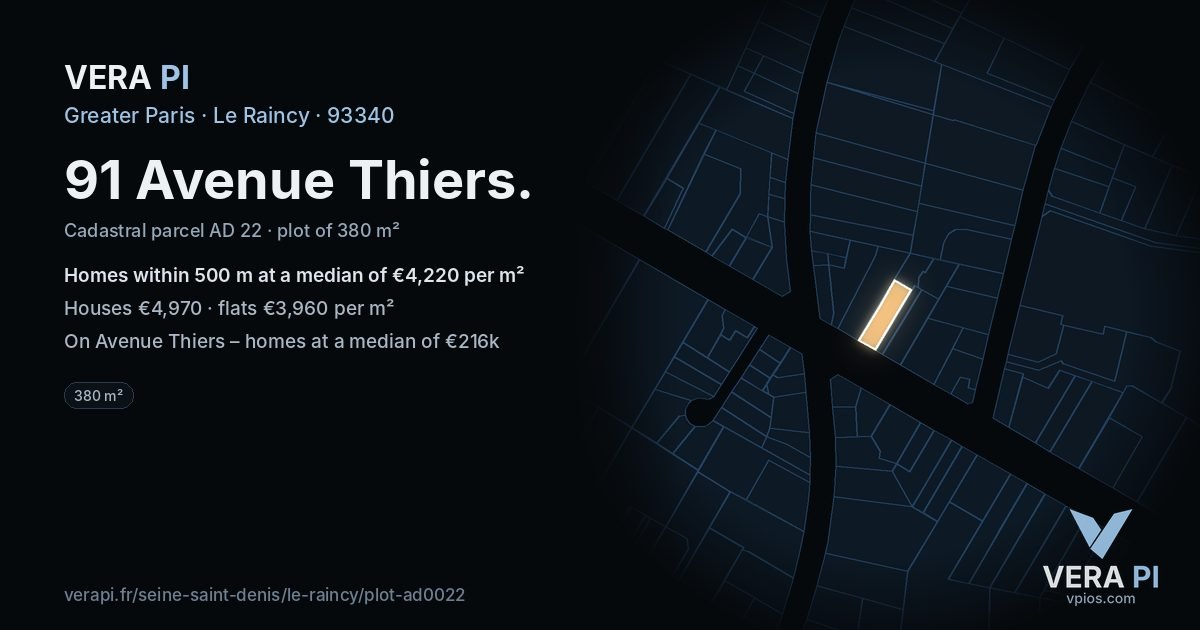91 Avenue Thiers, Le Raincy at night – the plot lit, the parcels around coloured by the prices near them