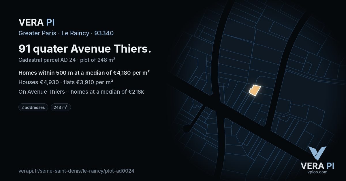 91 quater Avenue Thiers, Le Raincy at night – the plot lit, the parcels around coloured by the prices near them