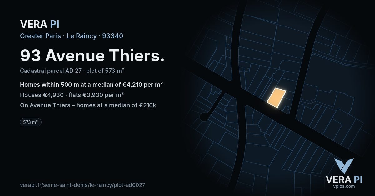 93 Avenue Thiers, Le Raincy at night – the plot lit, the parcels around coloured by the prices near them