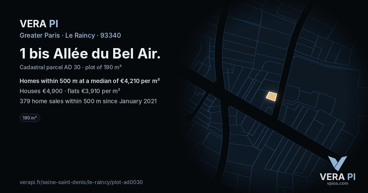 1 bis Allée du Bel Air, Le Raincy at night – the plot lit, the parcels around coloured by the prices near them