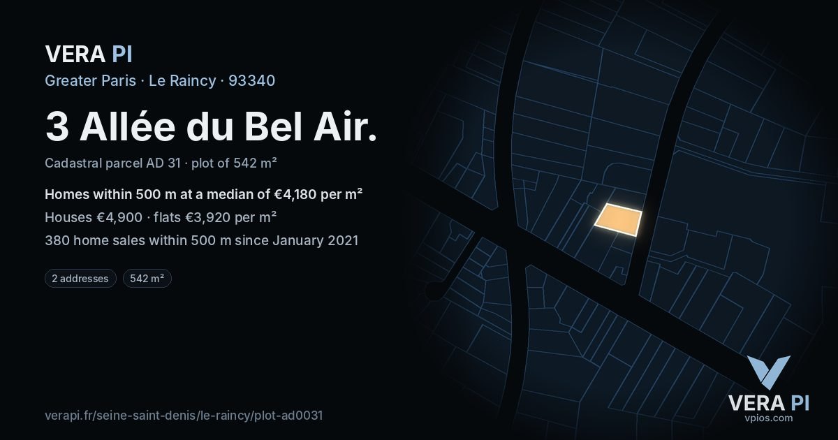 3 Allée du Bel Air, Le Raincy at night – the plot lit, the parcels around coloured by the prices near them