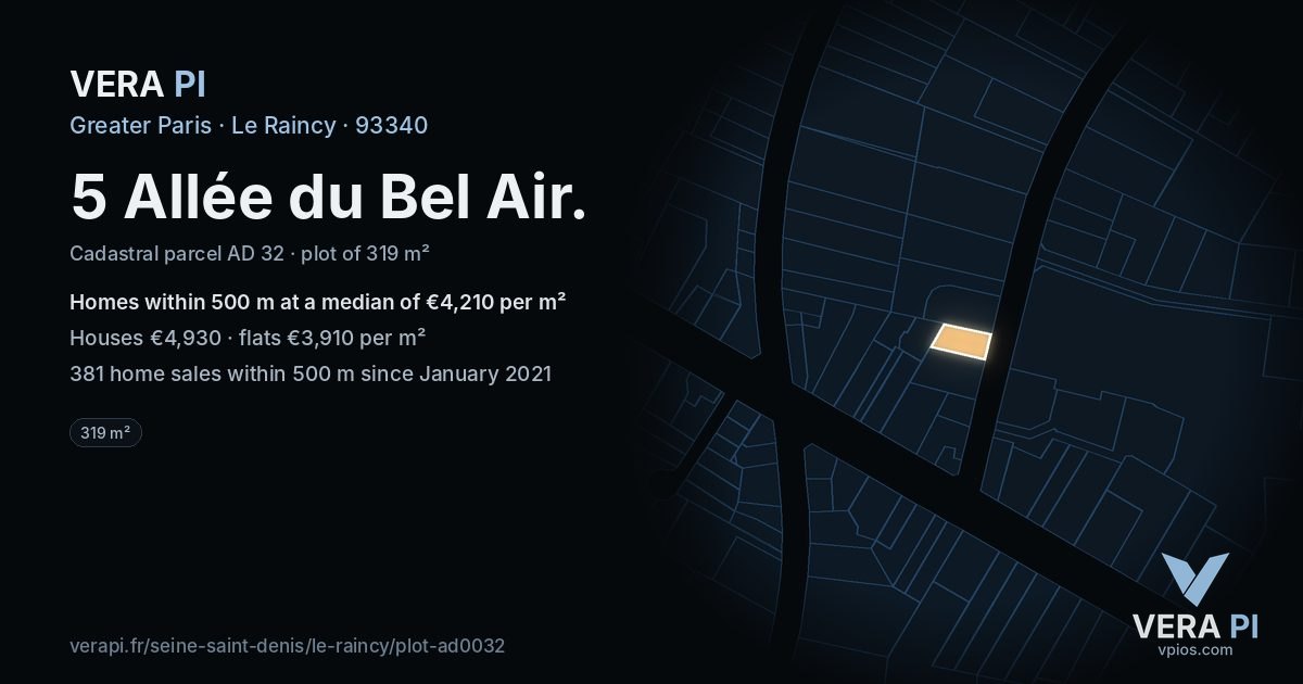 5 Allée du Bel Air, Le Raincy at night – the plot lit, the parcels around coloured by the prices near them