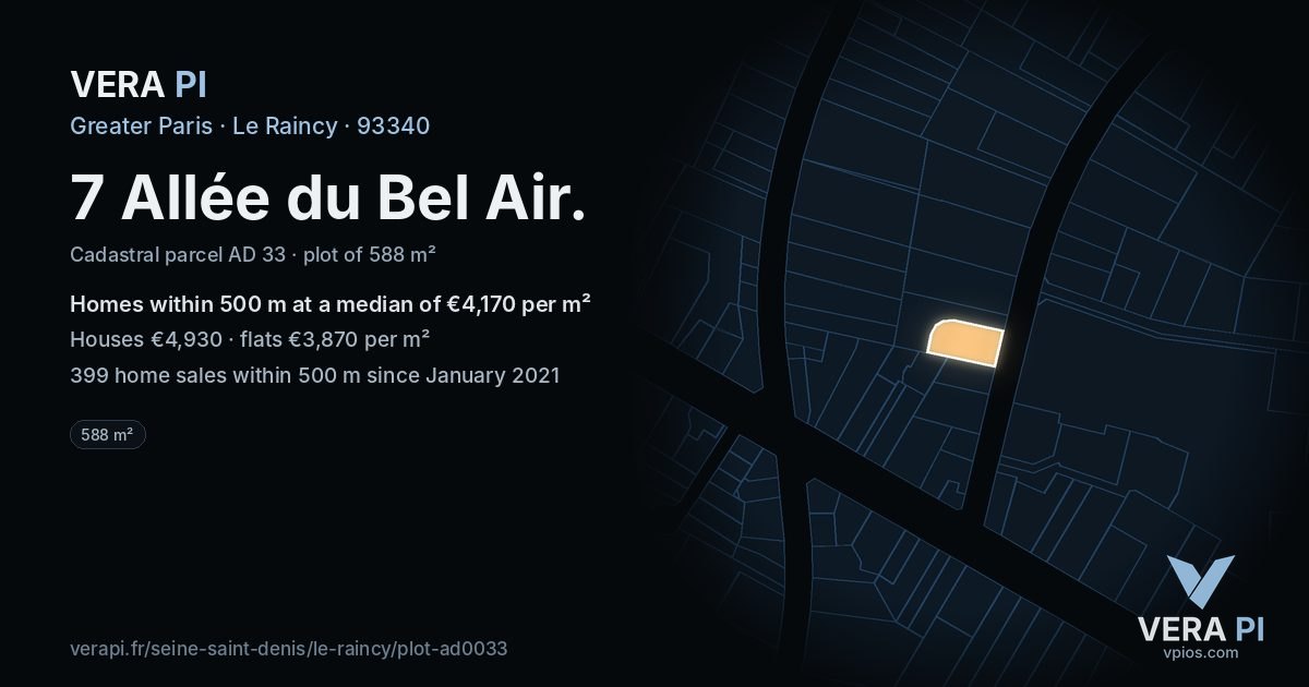 7 Allée du Bel Air, Le Raincy at night – the plot lit, the parcels around coloured by the prices near them