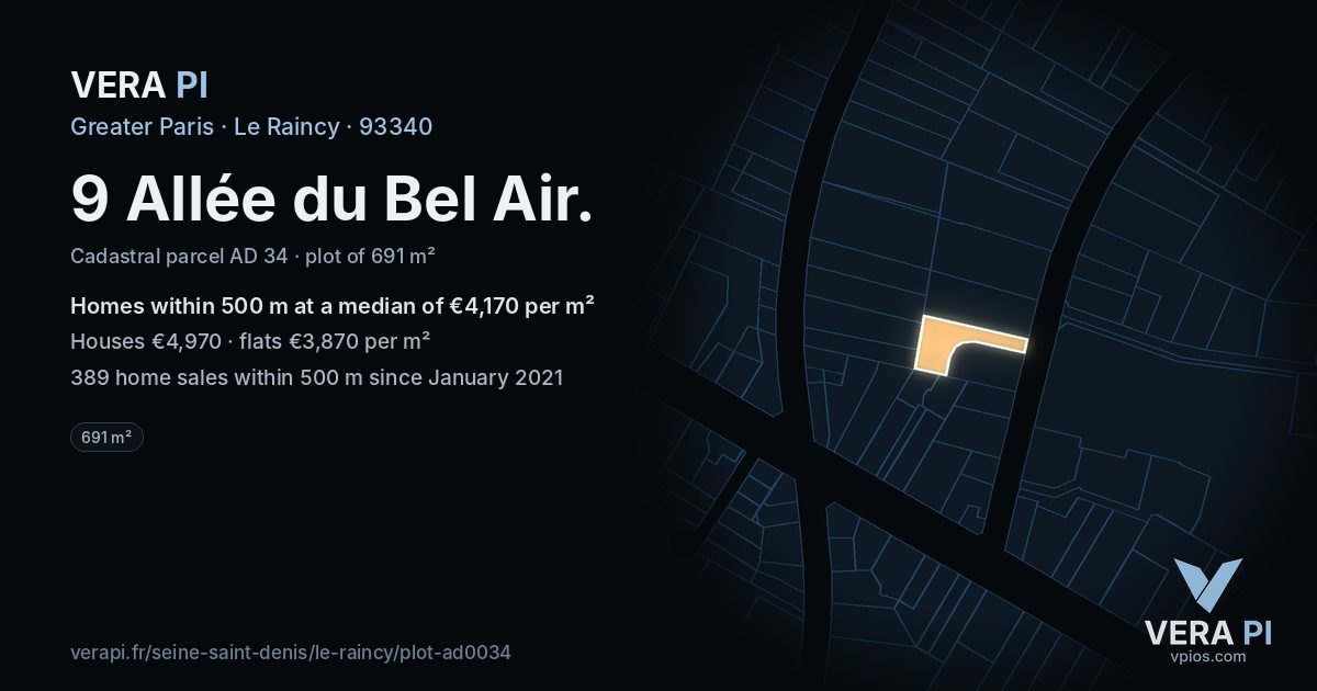 9 Allée du Bel Air, Le Raincy at night – the plot lit, the parcels around coloured by the prices near them