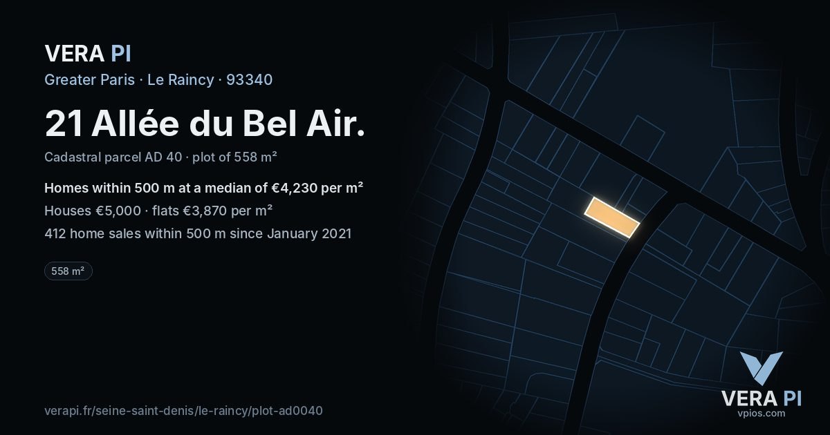 21 Allée du Bel Air, Le Raincy at night – the plot lit, the parcels around coloured by the prices near them