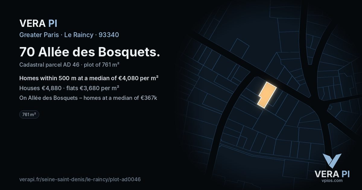 70 Allée des Bosquets, Le Raincy at night – the plot lit, the parcels around coloured by the prices near them