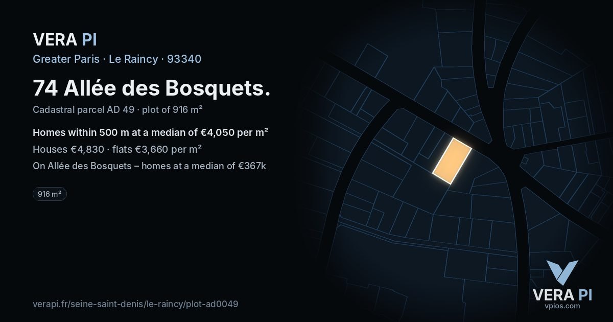 74 Allée des Bosquets, Le Raincy at night – the plot lit, the parcels around coloured by the prices near them