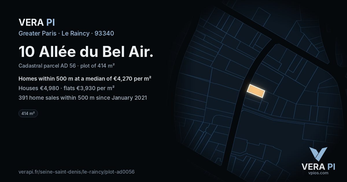 10 Allée du Bel Air, Le Raincy at night – the plot lit, the parcels around coloured by the prices near them