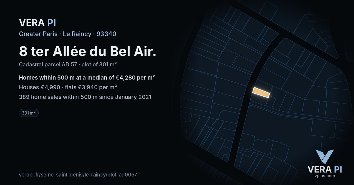 8 ter Allée du Bel Air, Le Raincy at night – the plot lit, the parcels around coloured by the prices near them
