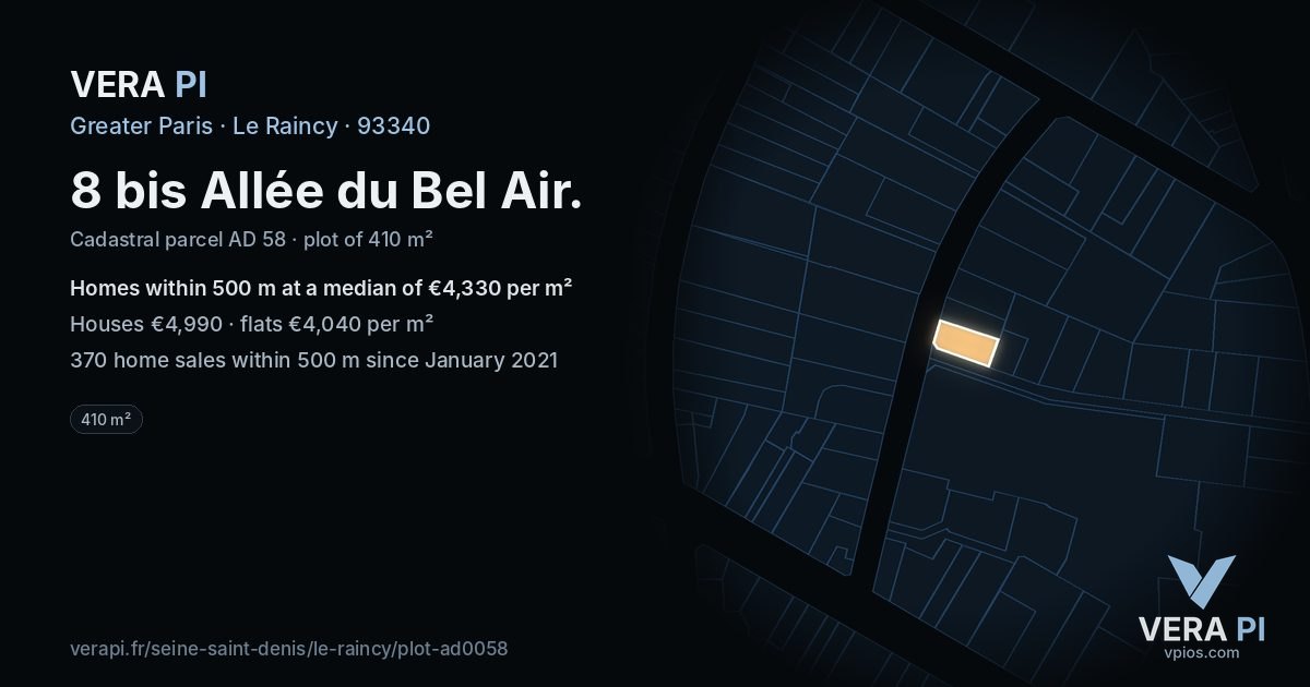 8 bis Allée du Bel Air, Le Raincy at night – the plot lit, the parcels around coloured by the prices near them