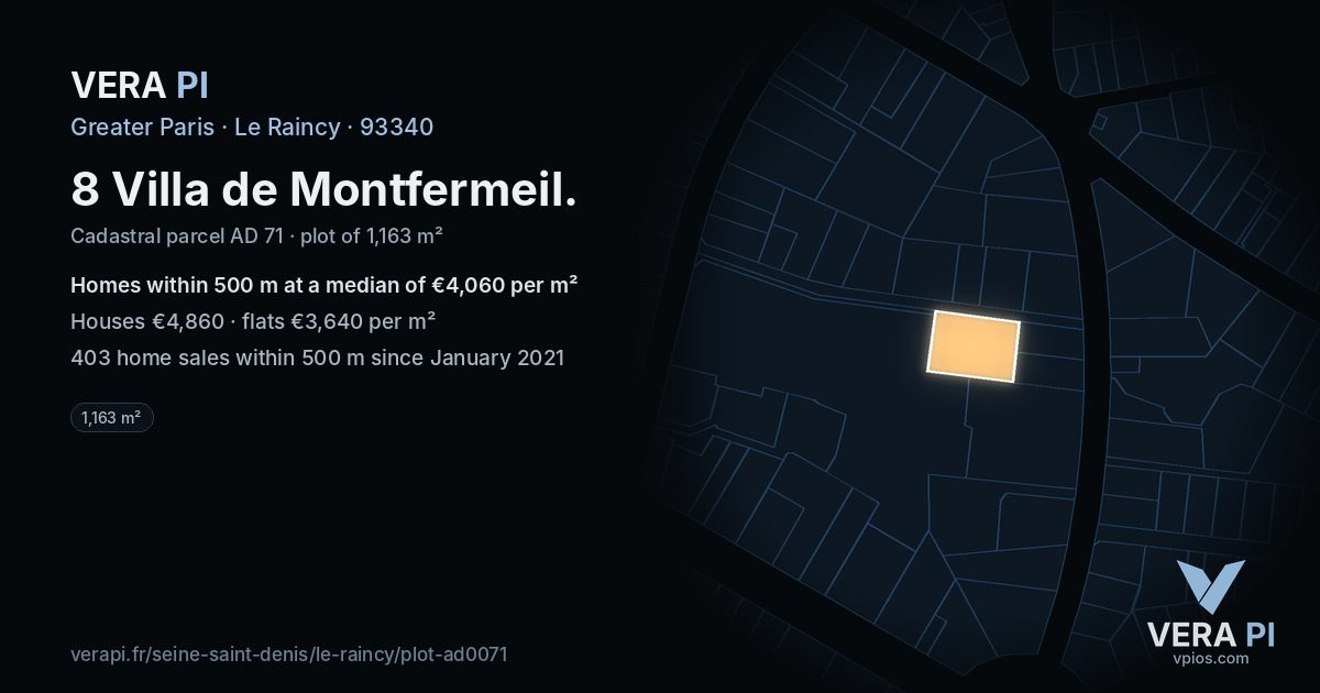 8 Villa de Montfermeil, Le Raincy at night – the plot lit, the parcels around coloured by the prices near them