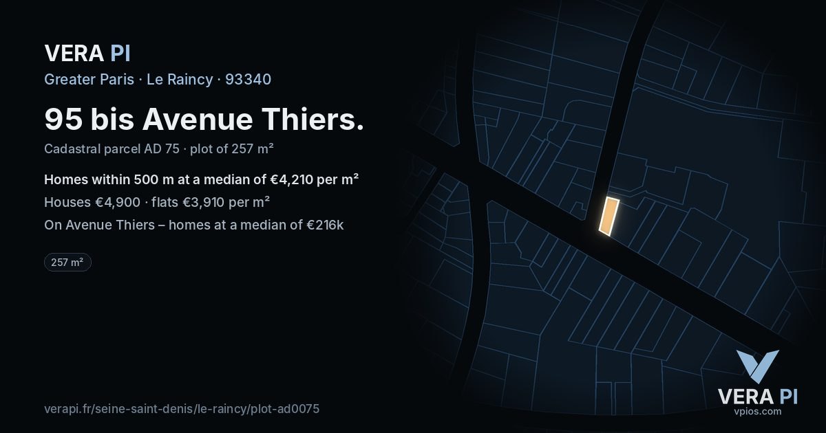 95 bis Avenue Thiers, Le Raincy at night – the plot lit, the parcels around coloured by the prices near them