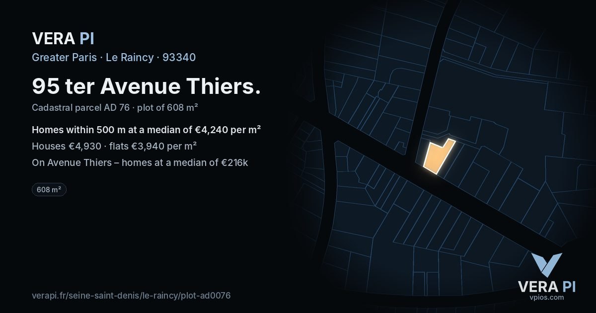 95 ter Avenue Thiers, Le Raincy at night – the plot lit, the parcels around coloured by the prices near them