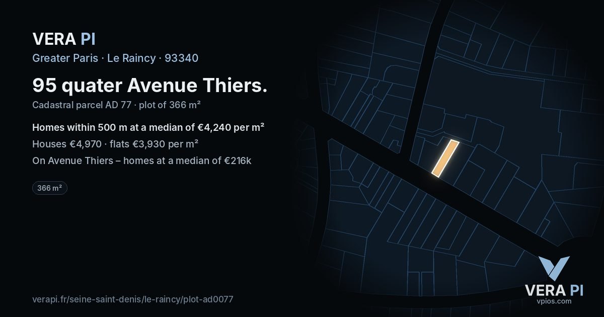 95 quater Avenue Thiers, Le Raincy at night – the plot lit, the parcels around coloured by the prices near them