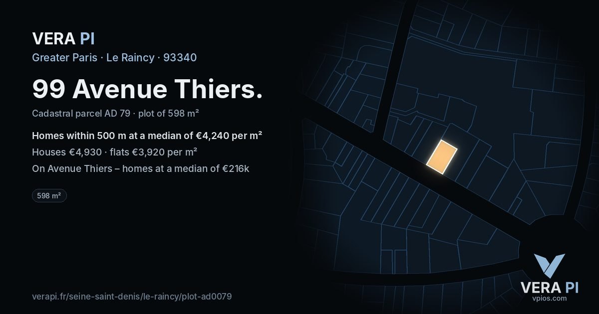 99 Avenue Thiers, Le Raincy at night – the plot lit, the parcels around coloured by the prices near them