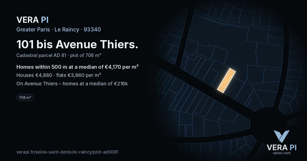 101 bis Avenue Thiers, Le Raincy at night – the plot lit, the parcels around coloured by the prices near them