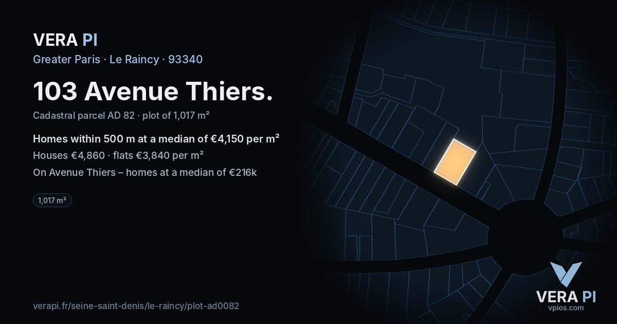 103 Avenue Thiers, Le Raincy at night – the plot lit, the parcels around coloured by the prices near them