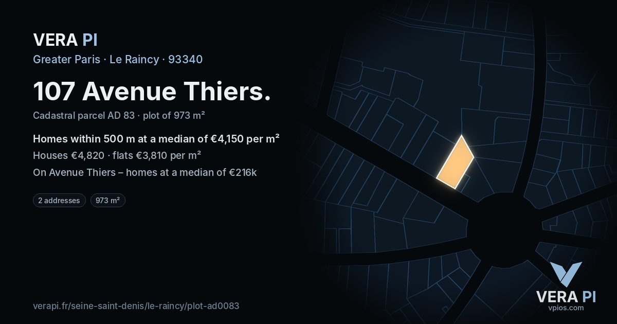 107 Avenue Thiers, Le Raincy at night – the plot lit, the parcels around coloured by the prices near them