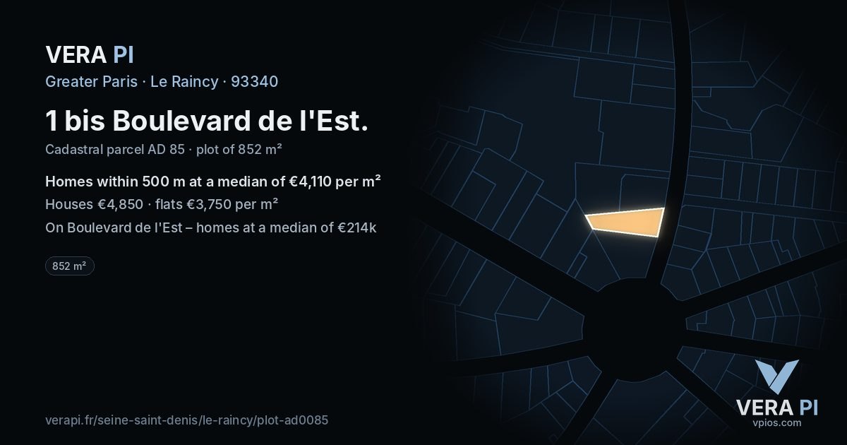 1 bis Boulevard de l'Est, Le Raincy at night – the plot lit, the parcels around coloured by the prices near them