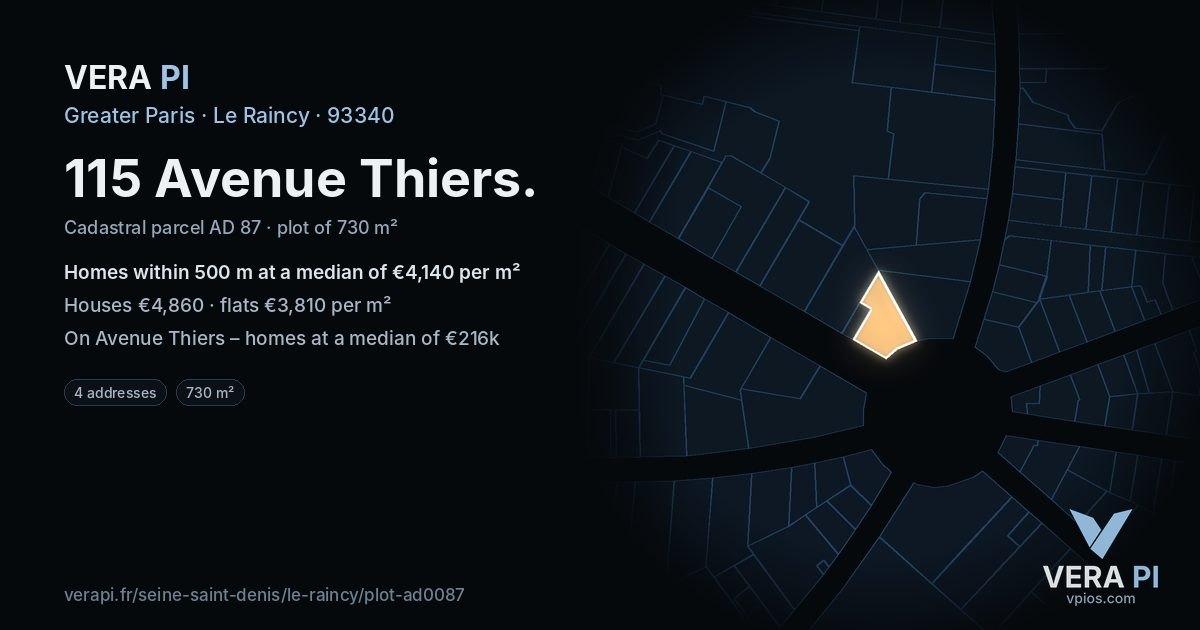 115 Avenue Thiers, Le Raincy at night – the plot lit, the parcels around coloured by the prices near them