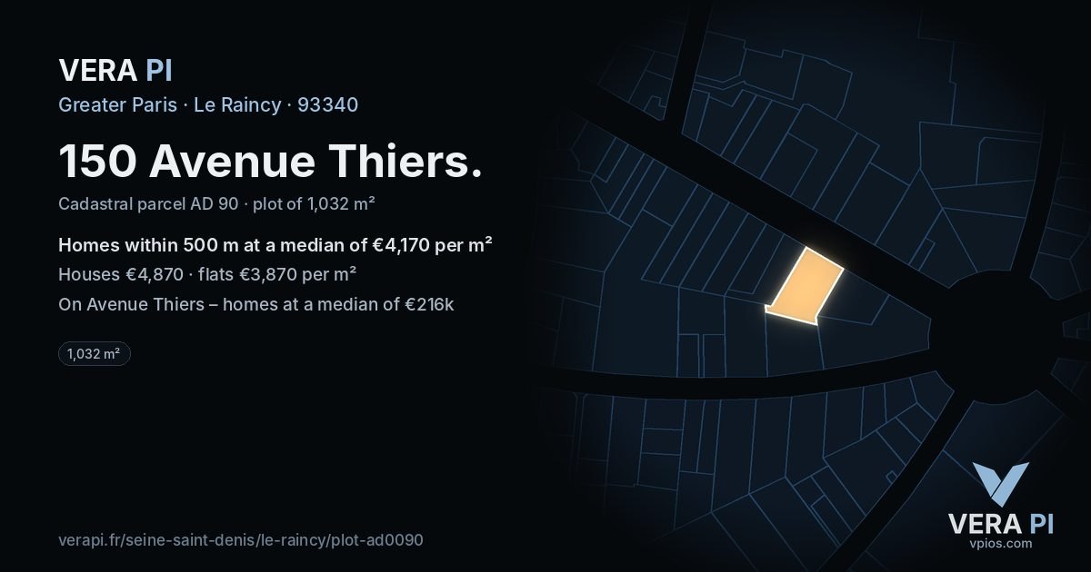 150 Avenue Thiers, Le Raincy at night – the plot lit, the parcels around coloured by the prices near them