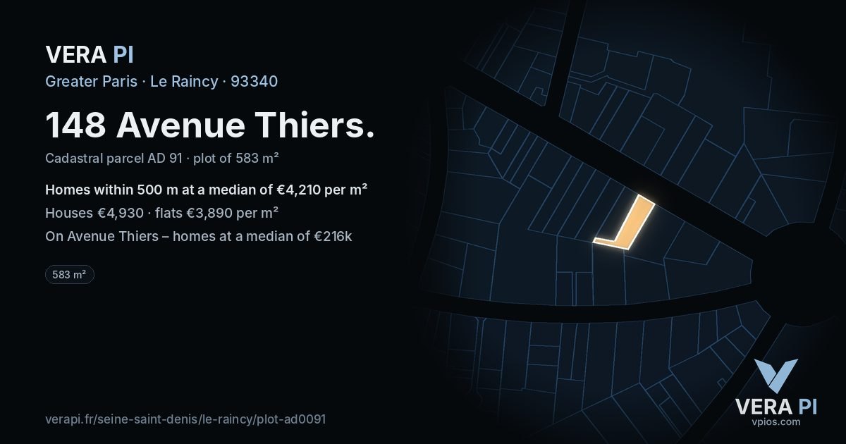 148 Avenue Thiers, Le Raincy at night – the plot lit, the parcels around coloured by the prices near them