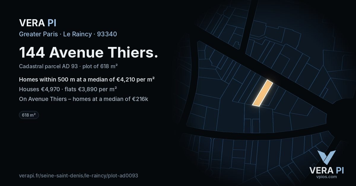144 Avenue Thiers, Le Raincy at night – the plot lit, the parcels around coloured by the prices near them
