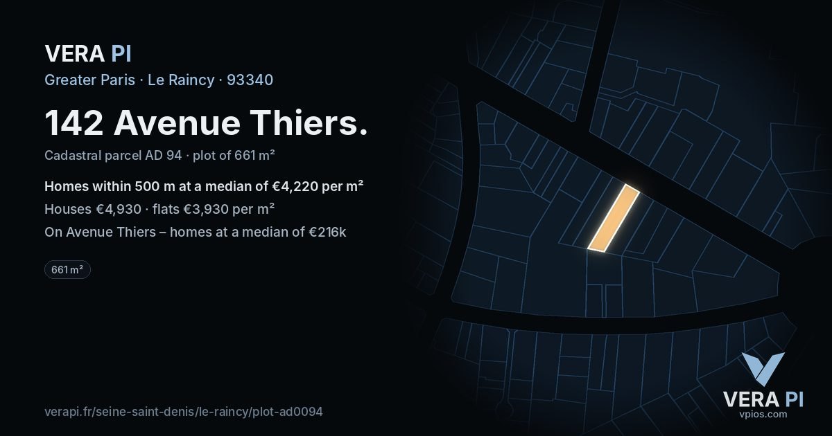142 Avenue Thiers, Le Raincy at night – the plot lit, the parcels around coloured by the prices near them
