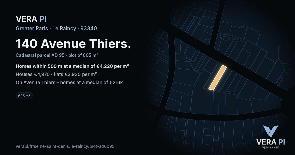 140 Avenue Thiers, Le Raincy at night – the plot lit, the parcels around coloured by the prices near them