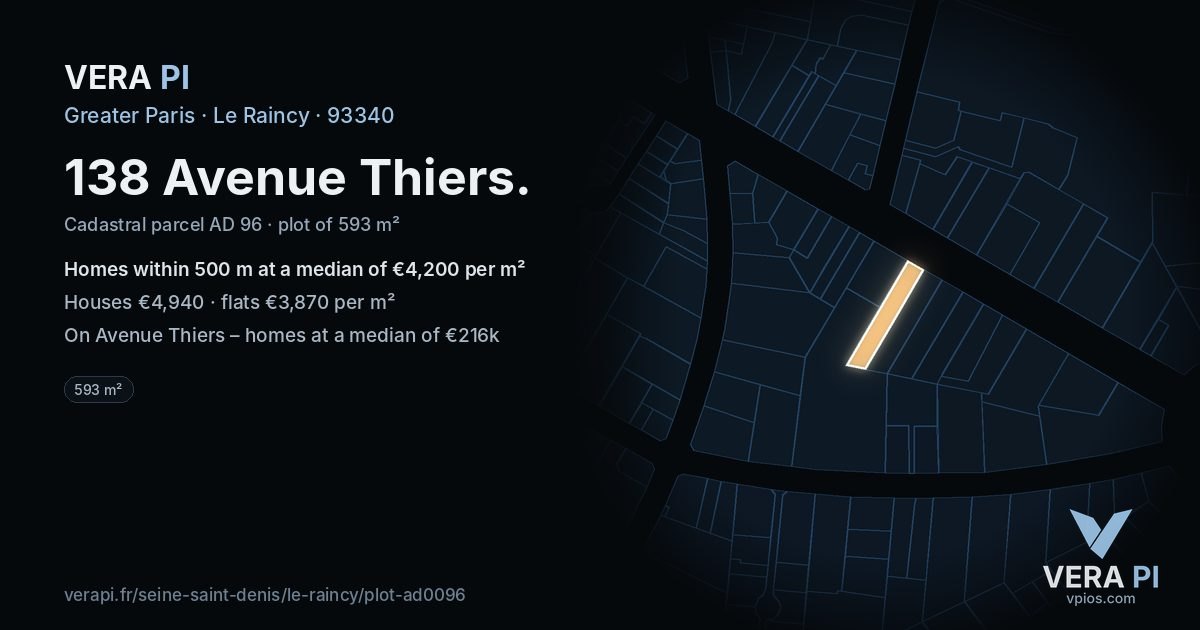 138 Avenue Thiers, Le Raincy at night – the plot lit, the parcels around coloured by the prices near them