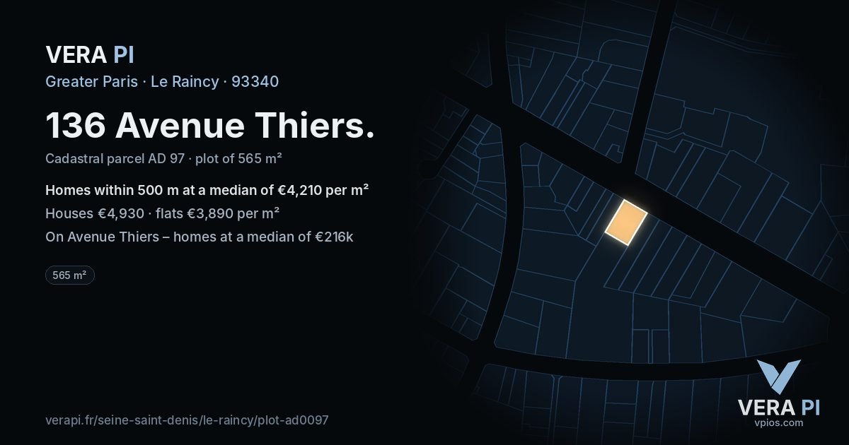136 Avenue Thiers, Le Raincy at night – the plot lit, the parcels around coloured by the prices near them