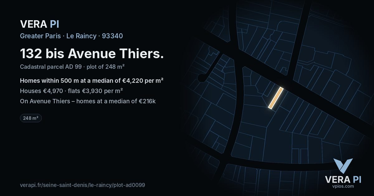 132 bis Avenue Thiers, Le Raincy at night – the plot lit, the parcels around coloured by the prices near them