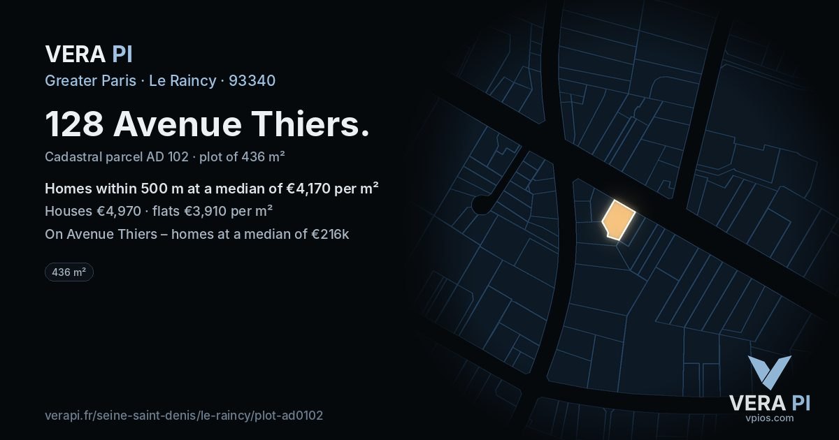 128 Avenue Thiers, Le Raincy at night – the plot lit, the parcels around coloured by the prices near them