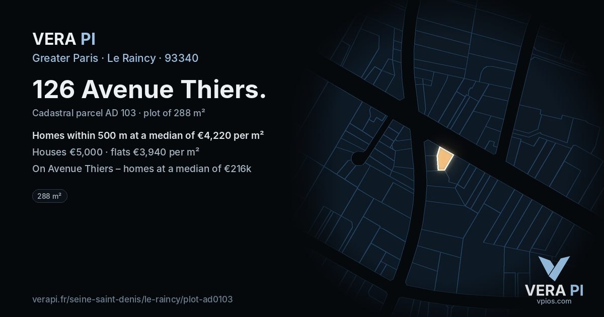 126 Avenue Thiers, Le Raincy at night – the plot lit, the parcels around coloured by the prices near them