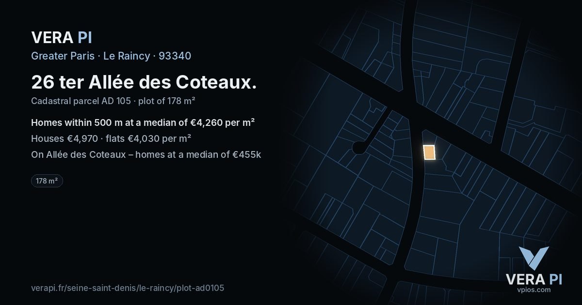 26 ter Allée des Coteaux, Le Raincy at night – the plot lit, the parcels around coloured by the prices near them